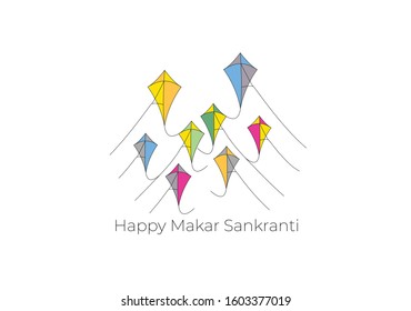 Celebrate Makar Sankranti greeting card background with colorful kites with manja Poster.