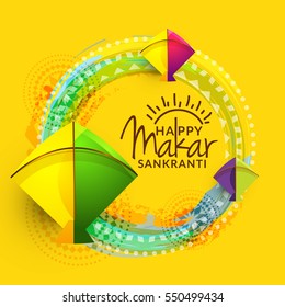 Celebrate Makar Sankranti greeting card background with colorful kites.