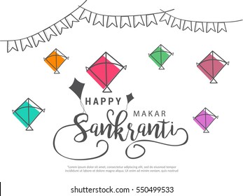 Celebrate Makar Sankranti greeting card background with colorful kites.