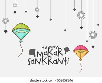 Celebrate Makar Sankranti greeting card background with colorful kites.