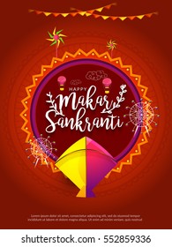 Celebrate Makar Sankranti greeting card background with colorful kites.