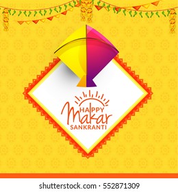 Celebrate Makar Sankranti greeting card background with colorful kite.