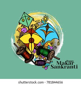 Celebrate Makar Sankranti greeting card background with colorful kites with manja Poster.