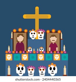 Celebrate Mexican holiday festival Dia de los muertos, Day of the dead, poster of skull, candle, and maracas.