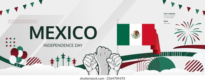 Celebrate Mexico Independence Day. Horizontal banner with bold and iconic flag colors. Happy Mexico National Day. Raise your hand to show your support or protest. Holiday concept