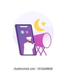 celebrate the month of Ramadan and Eid al-Fitr remotely or online. Muslim male illustration using video calls to celebrate Eid al-Fitr. establish virtual friendship. Happy Ramadan Kareem and Eid Mubar