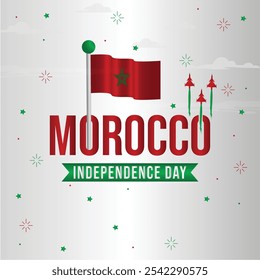 Comemore o Dia da Independência do Marrocos. Dia Nacional do Marrocos. 18 de novembro em Marrocos. Projeto tipográfico do Dia da Independência do Marrocos. Bandeira de Marrocos. Postagem em mídia social, Panfleto, Design vetorial editável