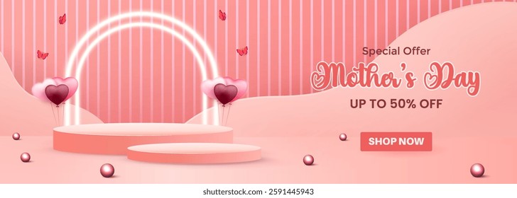 Celebrate Mother's Day in style with this promotional banner, featuring vibrant pink hues, love-themed balloons, and elegant typography emphasizing a sale with up to 50% discount.