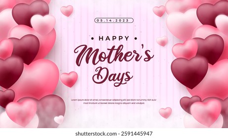 Celebrate Mothers Day with this beautiful design featuring pink and burgundy hearts and cheerful text. Perfect for sharing love and appreciation and familial affection.