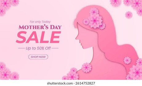 Celebrate Mothers Day with this elegant promotional design. Featuring a pink silhouette adorned with flowers and sale text. Ideal for marketing campaigns, advertisements, and event invitations.