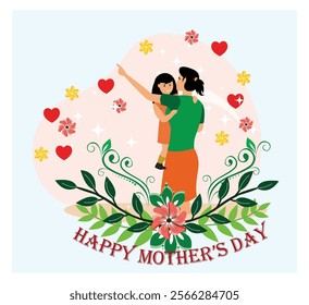 Celebrate Mother's Day with this heartwarming design of a mother and child surrounded by bright flowers and symbols of love.  Flat vector modern illustration 