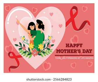 Celebrate Mother's Day with this heartwarming design showing a mother and child together, adorned with ribbons, flowers, and heartfelt messages in a romantic and festive theme. 