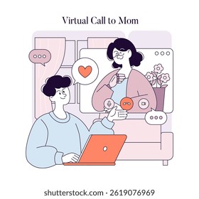 Celebrate Mother's Day with a virtual call, featuring a joyful interaction between a child and mother. The scene includes a laptop, chat bubbles, and a warm home atmosphere reflecting love and