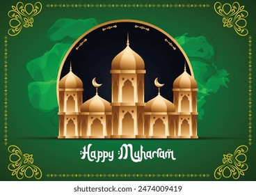 Celebrate Muharram with this elegant illustration of a golden mosque, lanterns, and green accents. "Happy Muharram" wishes for peace, prosperity, and happiness. Perfect for festive greetings.