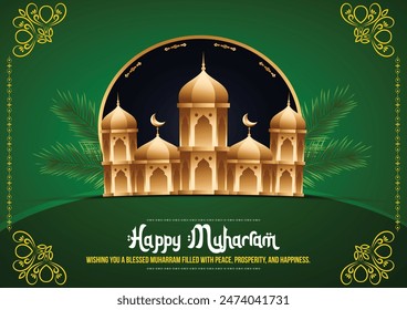 Celebrate Muharram with this elegant illustration of a golden mosque, lanterns, and green accents. "Happy Muharram" with wishes for peace, prosperity, and happiness. Perfect for festive greetings.