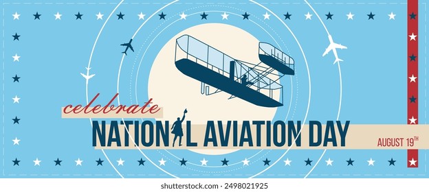 Celebrate National Aviation Day card. Light blue background with frame made of stars.