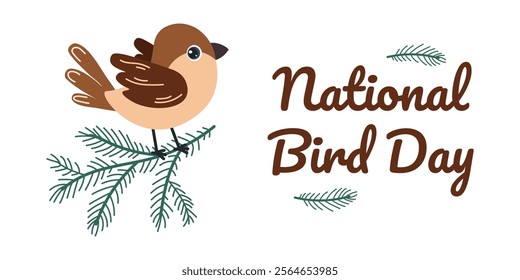 Celebrate National Bird Day with a cute bird illustration on a pine branch