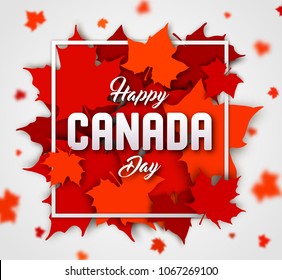 Celebrate the national day of Canada. Red canadian maple leaves with lettering Happy Canada day. Greeting card, poster for national celebration party, independence day, travel banner