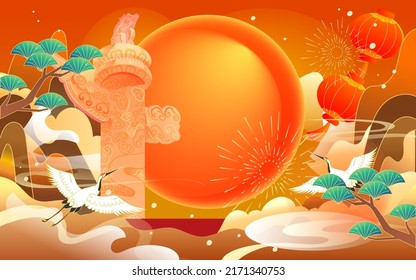 Celebrate National Day, traditional Chinese architecture with clouds and mountain peaks in the background, vector illustration