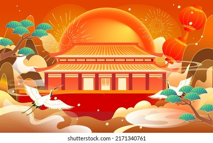 Celebrar el Día Nacional, arquitectura tradicional china con nubes y picos de montaña en el fondo, ilustración vectorial