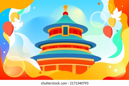 Celebrate National Day, traditional Chinese architecture with clouds and mountain peaks in the background, vector illustration