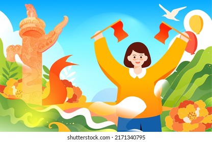 Celebrate National Day, traditional Chinese architecture with clouds and mountain peaks in the background, vector illustration