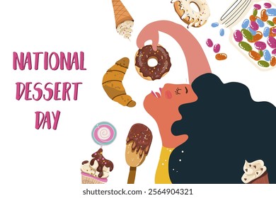 Celebrate National Dessert Day with this banner. Character of a woman consuming chocolate with pleasure. Perfect for social media, candy store. Delicious Food.