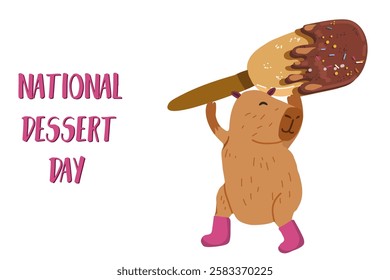 Celebrate National Dessert Day with this banner. A cute capybara is carrying a huge chocolate ice cream on a stick. Perfect for social media, candy store. Delicious Food. Hand drawn vector art.