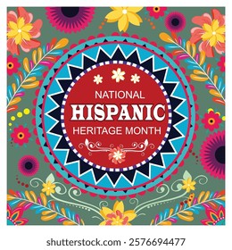 Celebrate National Hispanic Heritage Month with this vibrant and colorful design featuring floral patterns in a festive arrangement that embodies cultural pride, unity, and creativity. 