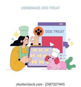 Celebrate National Puppy Day with a fun illustration showing a chef and a playful dog creating homemade dog treats together. This engaging scene highlights the joy of cooking for pets and encourages