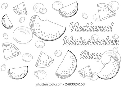 Celebrate National Watermelon Day with this fun and detailed coloring page featuring watermelon slices and festive bubbles. Perfect for all ages.