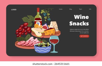 Celebrate National Wine Day with a delightful spread of wine and snacks. Indulge in cheese, meats, olives, and fresh fruits, perfect for gatherings. Enjoy each moment with a glass of red wine. Vector