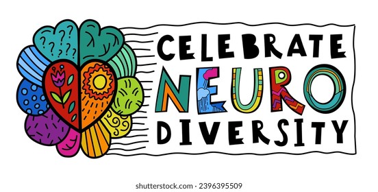 Celebrate neuro diversity. Creative hand-drawn lettering in a pop art style. Human minds and experiences diversity. Inclusive, understanding society. Vector illustration isolated on a white background