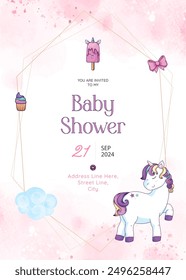 Celebrate a new arrival with a unicorn-themed baby shower card, featuring rainbows, whimsical unicorns, glittery accents, and enchanting fonts for a truly special invite.