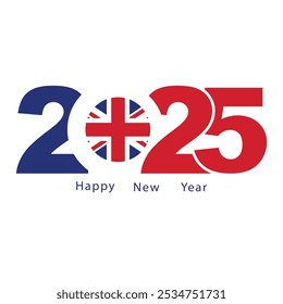 Celebrate New Year 2025 with a unique and vibrant logo design featuring the United Kingdom flag and iconic symbols. This creative Happy New Year 2025 design is perfect for use in calendars, t-shirt pr