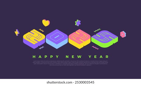 Celebrate the New Year 2025 with a vibrant banner design, featuring bold and colorful 3D numbers that bring a unique and festive flair to your celebrations.