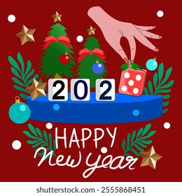 celebrate new year christmas red dice ball handle dice beauty poster
illustration design star gold tree leaf green 2025