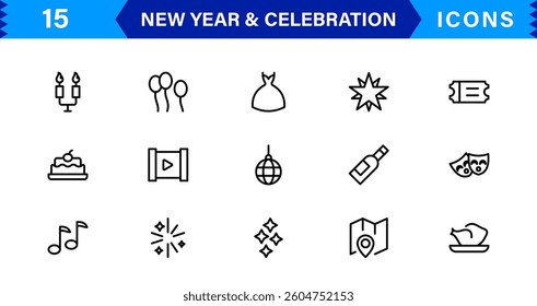 Celebrate the New Year with Stylish Icons for Festive Occasions. This Icon Set Includes Cheers, Fireworks, and Vibrant Symbols for Every Celebration.