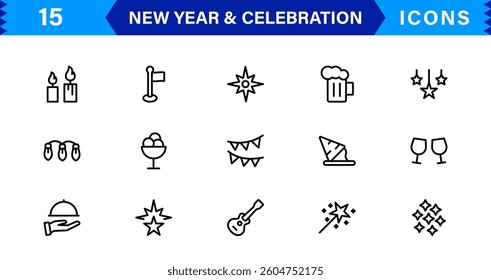 Celebrate the New Year with Stylish Icons for Festive Occasions. This Icon Set Includes Cheers, Fireworks, and Vibrant Symbols for Every Celebration.