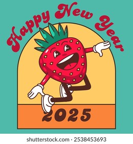 Celebrate the New Year with this fun and festive mug design featuring a joyful strawberry character and bold "Happy New Year 2025" typography