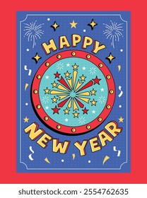 Celebrate the New Year with this vibrant poster featuring a starburst design, bold text, fireworks, and festive elements. Perfect for invitations or holiday decor.