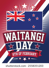 Celebrate New Zealand's Waitangi Day on 6th February with a vibrant banner, poster, flyer, or greeting card. Featuring 'Waitangi Day' typography paired with the New Zealand flag and stars.