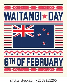 Celebrate New Zealand's Waitangi Day on 6th February with a vibrant banner, poster, flyer, or greeting card. Featuring 'Waitangi Day' typography paired with the New Zealand flag and stars.