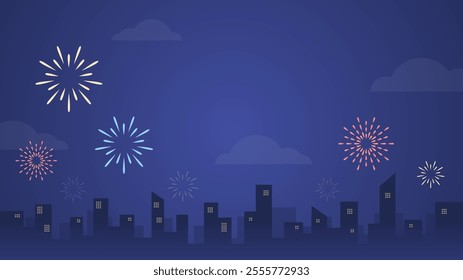 Celebrate the night with colorful fireworks exploding over a city skyline. Perfect for New Year's Eve, holidays, and festive occasions. Minimalist design for various backgrounds.