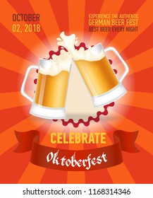 Celebrate Octoberfest red poster design. Clinking glasses of beer in round frame with rays and ribbon. Template can be used for bar signs, brochures, banners