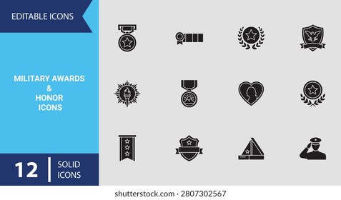 Celebrate official wartime achievements using this military awards and honor solid icon set displaying decorated merit medals commander badges and service stars