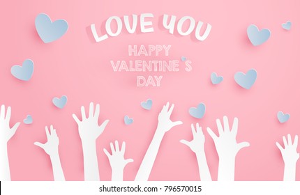 Celebrate on Valentine's Day. illustration of love and people diverse raised Hands up on Valentine's Day. Paper art style of valentine's day greeting card with the greeting letter. paper art style. 