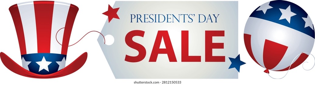 Celebrate one of America's most recognizable federal holidays with this professionally designed Presidents Day Sale Patriotic American Flag Uncle Sam Hat Vector Illustration, featuring bold promotional styling inspired by traditional United States patriotic symbols. The composition combines an iconic Uncle Sam–style top hat decorated with stars and stripes, festive balloons, sparkling decorative stars, vibrant red, white, and blue colors, and dynamic holiday typography to create an energetic design ideal for retail promotions, seasonal advertising, commercial branding, community events, educational publications, greeting cards, websites, digital campaigns, social media marketing, posters, brochures, banners, magazines, newsletters, store displays, promotional merchandise, printable decorations, and professional creative projects celebrating Presidents Day.

The centerpiece showcases a classic Uncle Sam hat decorated with alternating red and white stripes beneath a brilliant blue band filled with crisp white stars. This instantly recognizable American symbol reflects patriotism, civic pride, national heritage, historical tradition, leadership, democracy, and celebration. The carefully illustrated details create an authentic vintage-inspired appearance while maintaining a clean modern vector style suitable for commercial applications.

Complementing the patriotic centerpiece is a festive balloon illustrated with coordinated national colors, bringing movement, excitement, and joyful energy into the composition. Decorative balloons traditionally symbolize celebration, public gatherings, holiday festivals, promotional events, community activities, retail campaigns, and memorable occasions. Their cheerful appearance makes this illustration especially appropriate for Presidents Day sales advertisements, shopping promotions, storefront displays, seasonal announcements, and marketing campaigns.

Surrounding decorative stars further strengthen the patriotic atmosphere while representing the enduring values of freedom.