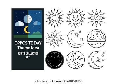 Celebrate Opposite Day with this unique collection of editable vector icons featuring creative and whimsical designs. Perfect for social media, educational materials, and playful projects.