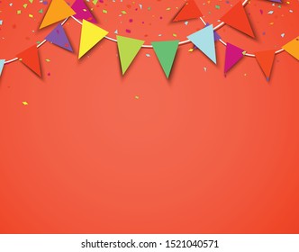 Celebrate orange banner composed with party flags with round confetti. Vector illustration.